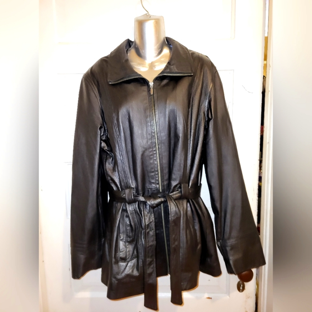 COLEBROOK & COLE Genuine Leather Belted Black Trench Style Jacket Size L